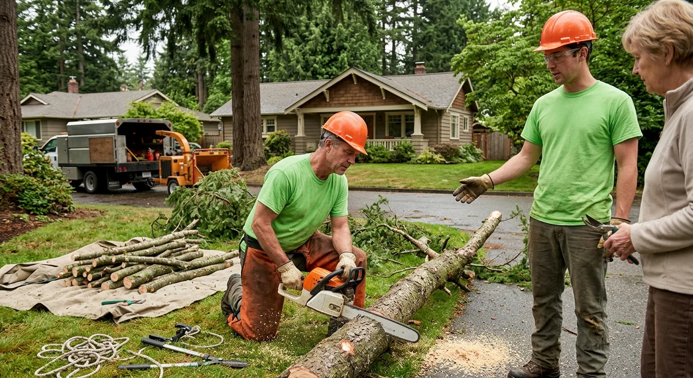 Arborist reviewing tree removal estimate with homeowner in an Edmonds backyard