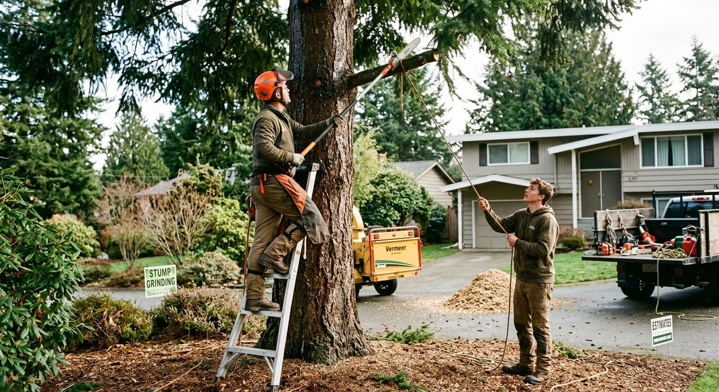 Arborist inspecting a storm-stressed conifer near an Edmonds home for decay and lean