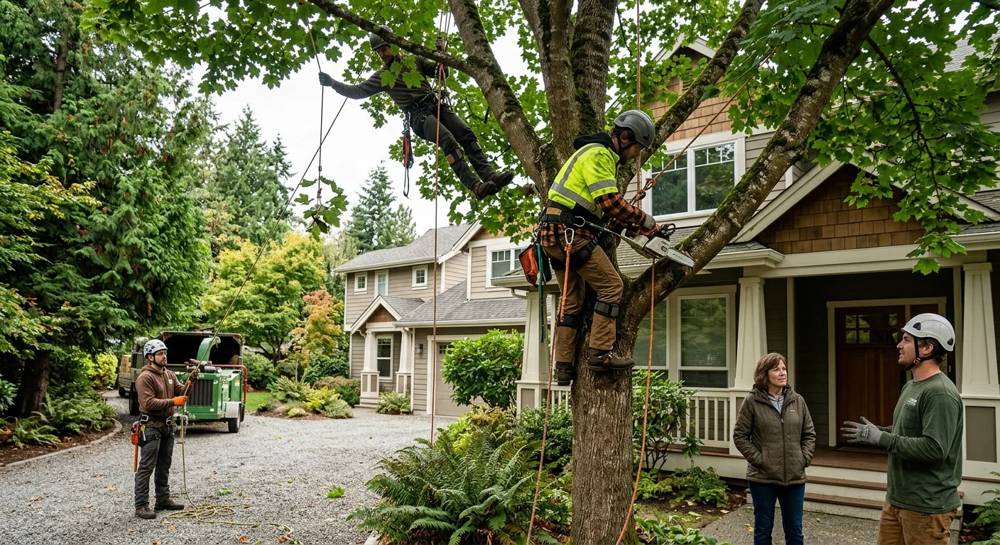 Tree service crew performing careful crown thinning on a residential property in Edmonds